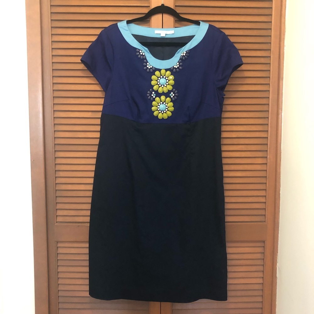 Boden embellish jeweled neckline Color block dress 14 blue black